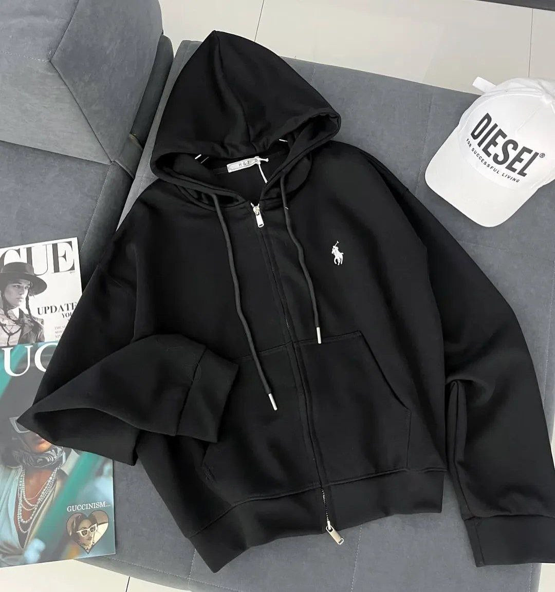 Oversize Polo Hoodie %100 Pamuk 3 Iplik Siyah - Görsel 1