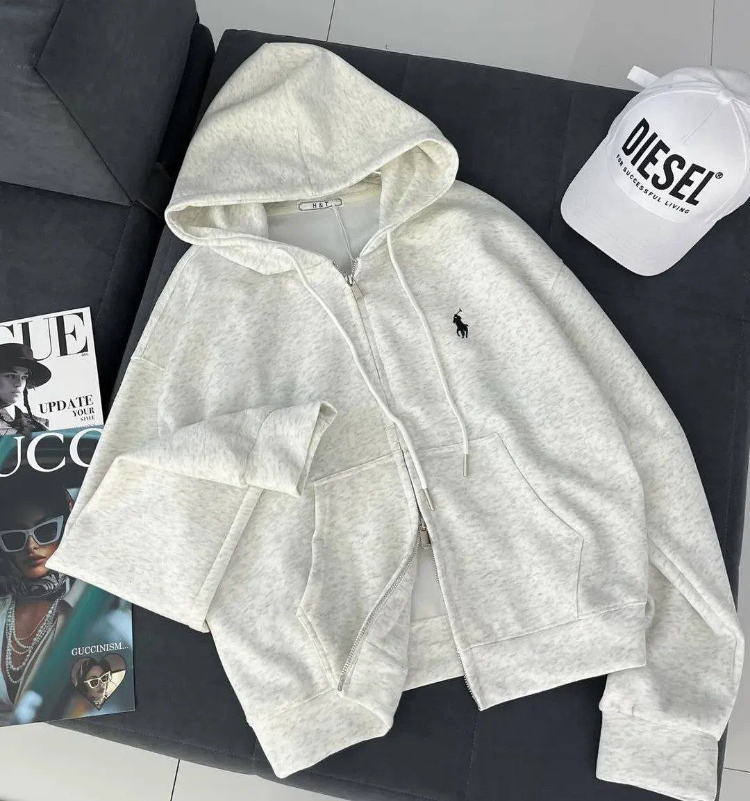 Oversize Polo Hoodie %100 Pamuk 3 Iplik Grey - Görsel 1