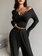 Düğme Detaylı Kayık Yaka Fitilli Crop & Takım Siyah - Görsel 1