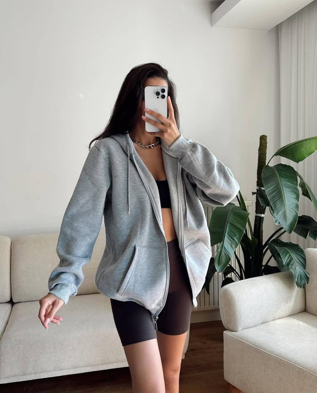 Oversize Fermuarlı Hırka %100 Pamuk 3 Iplik Kumaş - Görsel 1