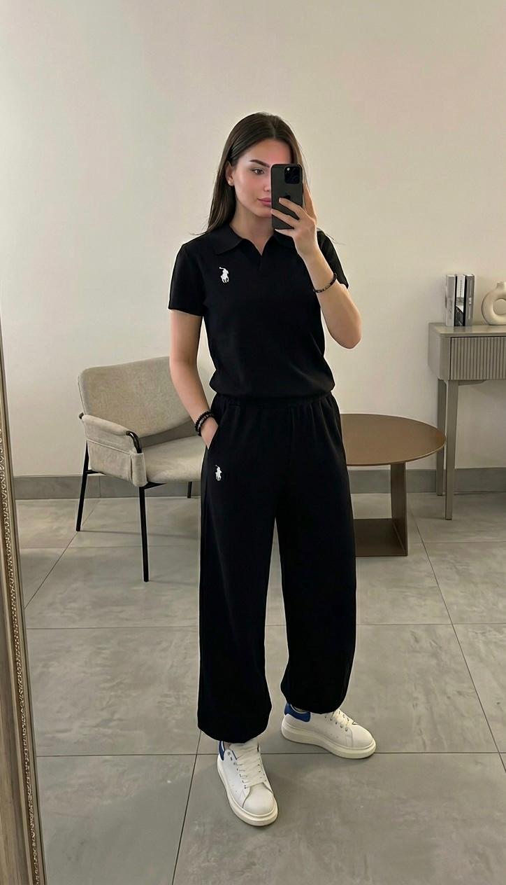 Siyah Polo Yazlık Modal Kumaş Takım - Görsel 1