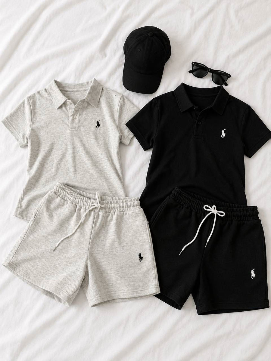 4 Parça 2'li Sıyah Ve Gri Polo Set Yazlık Şort Tişört - Görsel 1