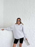 Kadın Gri Oversize Kapüşonlu Sweatshirt - Düşük Omuz Rahat Kesim Hoodie - Görsel 1