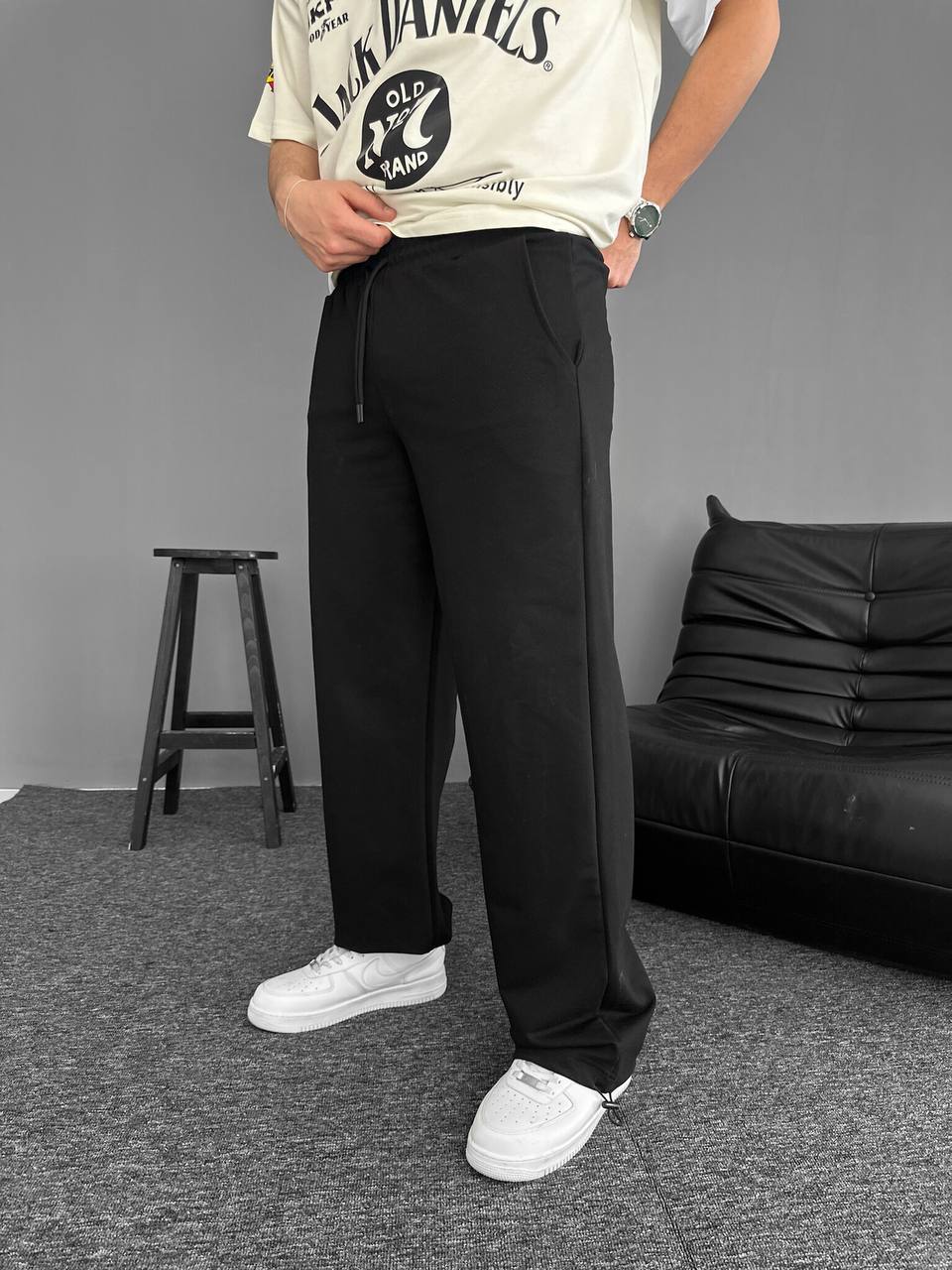Erkek Siyah Wide Leg Oversize Rahat Kesim Eşofman Altı - Görsel 2