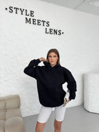 Kadın Siyah Oversize Kapüşonlu Sweatshirt - Düşük Omuz Hoodie - Görsel 1