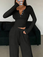 Düğme Detaylı Kayık Yaka Fitilli Crop & Takım Siyah - Görsel 2