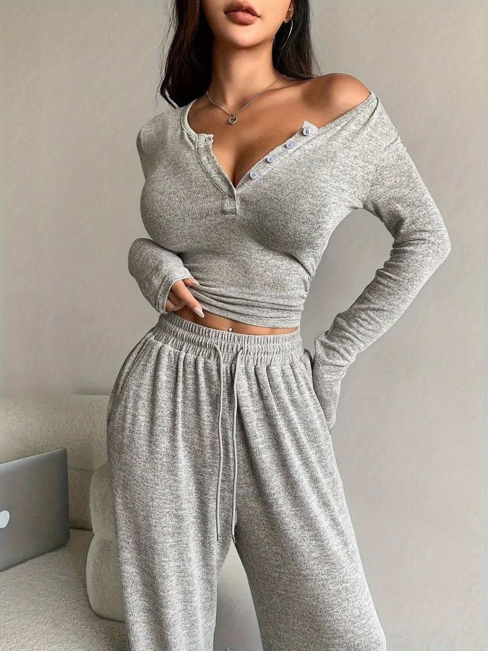 Düğme Detaylı Kayık Yaka Fitilli Crop & Takım Gri - Görsel 2