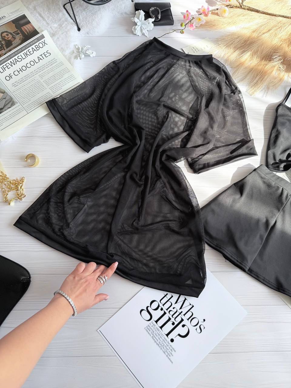 3'lü Set Yazlık Yeni Tül Üst + Crop + Şort - Görsel 5